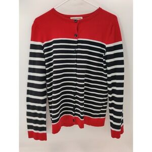 Jones New York Sport Cardigan Sweater Womens‎ L Red Black Stripe Button Up